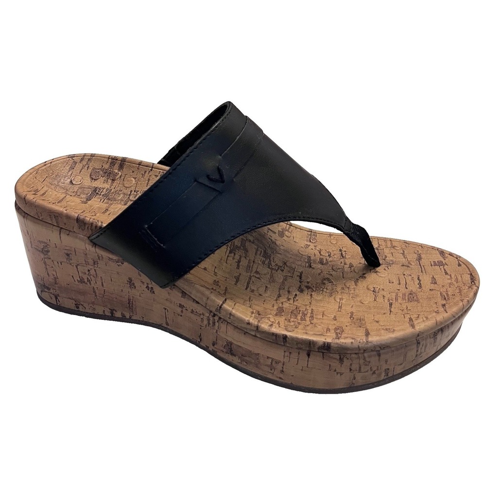 VIONIC Sz 6 37 Cameron Sandal T-Strap Black Cork Platform Wedge Comfort Thong